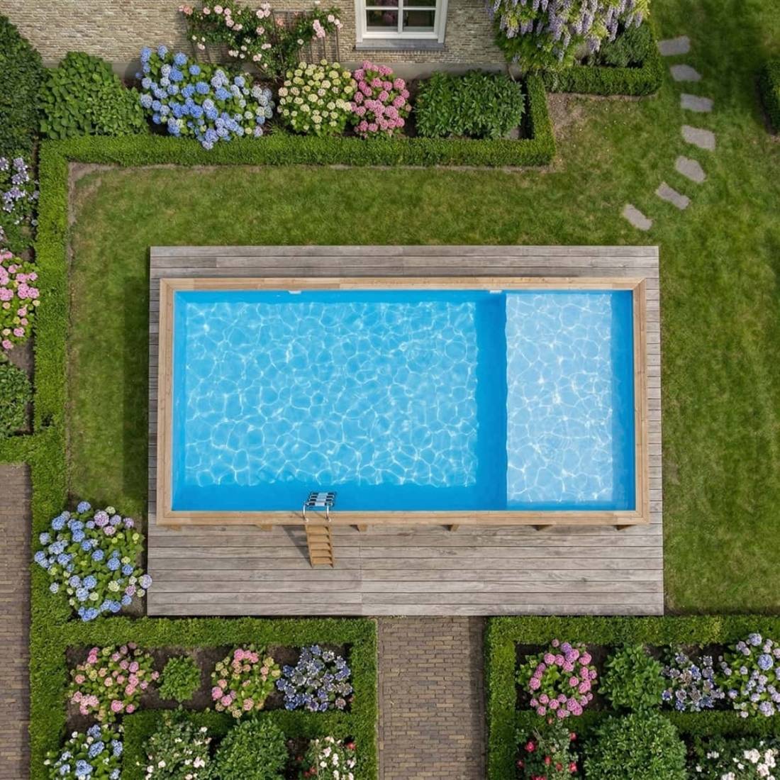Altanka - Piscine hors sol en bois AQUA 10.2 x 5.2 - H.1.45 m avec plage, bleu pâle, fixations à visser - BAS7310OSPL+PLA310 - ALTANKA - Image 3