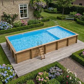 Altanka - Piscine hors sol en bois AQUA 10.2 x 5.2 - H.1.45 m avec plage, bleu pâle, fixations à visser - BAS7310OSPL+PLA310 - ALTANKA