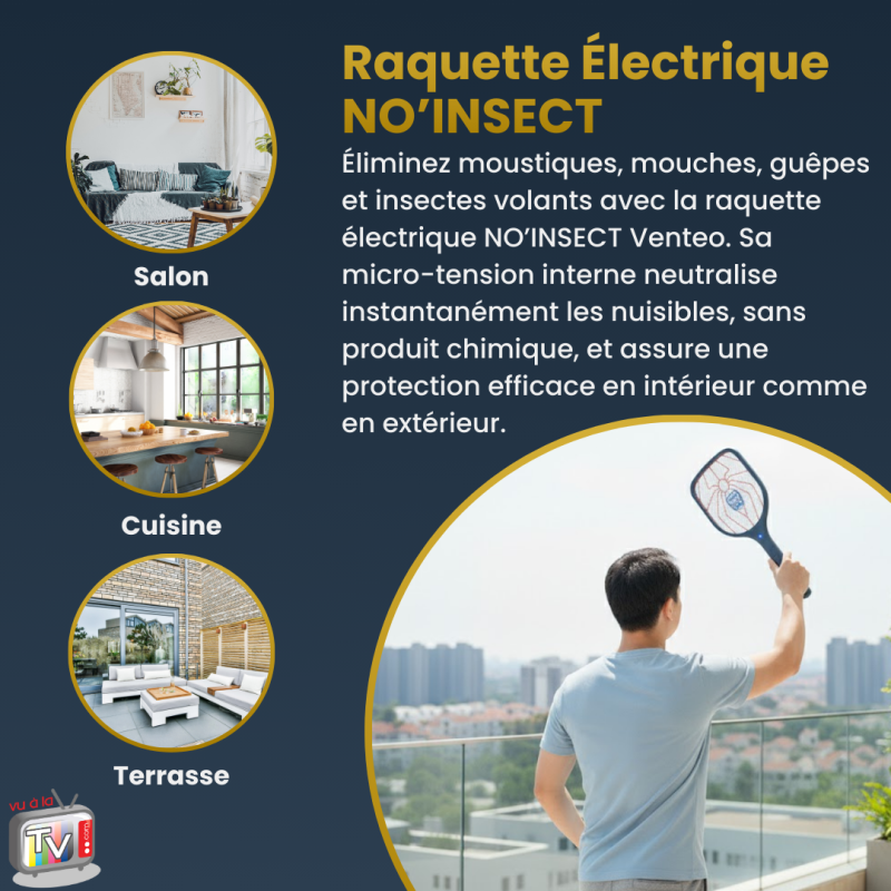 La raquette NO INSECT  | Elimine tous les insectes volants | Raquette électrique contre les insectes | Bouton de sécurité on/off- VENTEO - Image 3