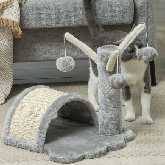 Arbre à chat 40 cm, petite tour avec grotte, 2 balles, tapis à griffer, arbre à chat, pour chats de toutes tailles, gris clair - Image 8