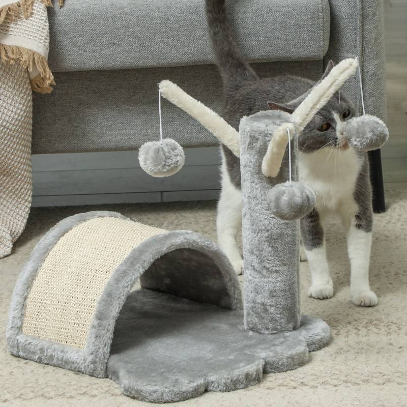 Arbre à chat 40 cm, petite tour avec grotte, 2 balles, tapis à griffer, arbre à chat, pour chats de toutes tailles, gris clair - Image 8