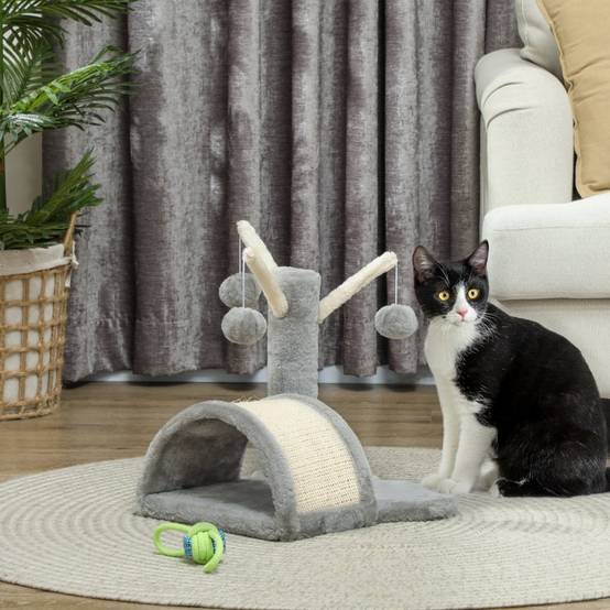 Arbre à chat 40 cm, petite tour avec grotte, 2 balles, tapis à griffer, arbre à chat, pour chats de toutes tailles, gris clair - Image 1