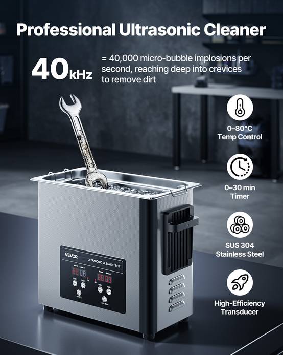 Vevor - VEVOR Nettoyeur à ultrasons 6 L, 120 W 40 kHz, panier et affichage numérique, acier inoxydable, pour bijoux, montres, lunettes - Image 2
