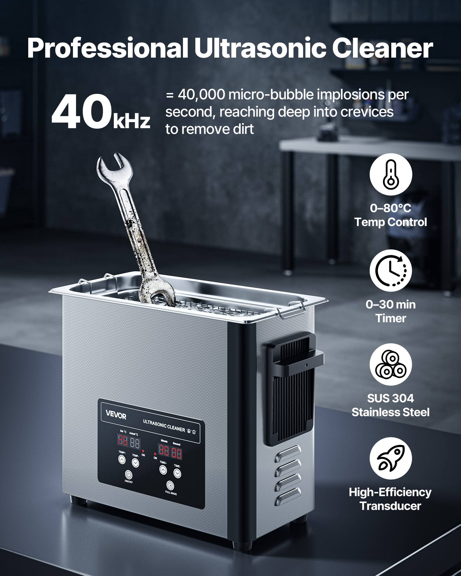 Vevor - VEVOR Nettoyeur à ultrasons 6 L, 120 W 40 kHz, panier et affichage numérique, acier inoxydable, pour bijoux, montres, lunettes - Image 2