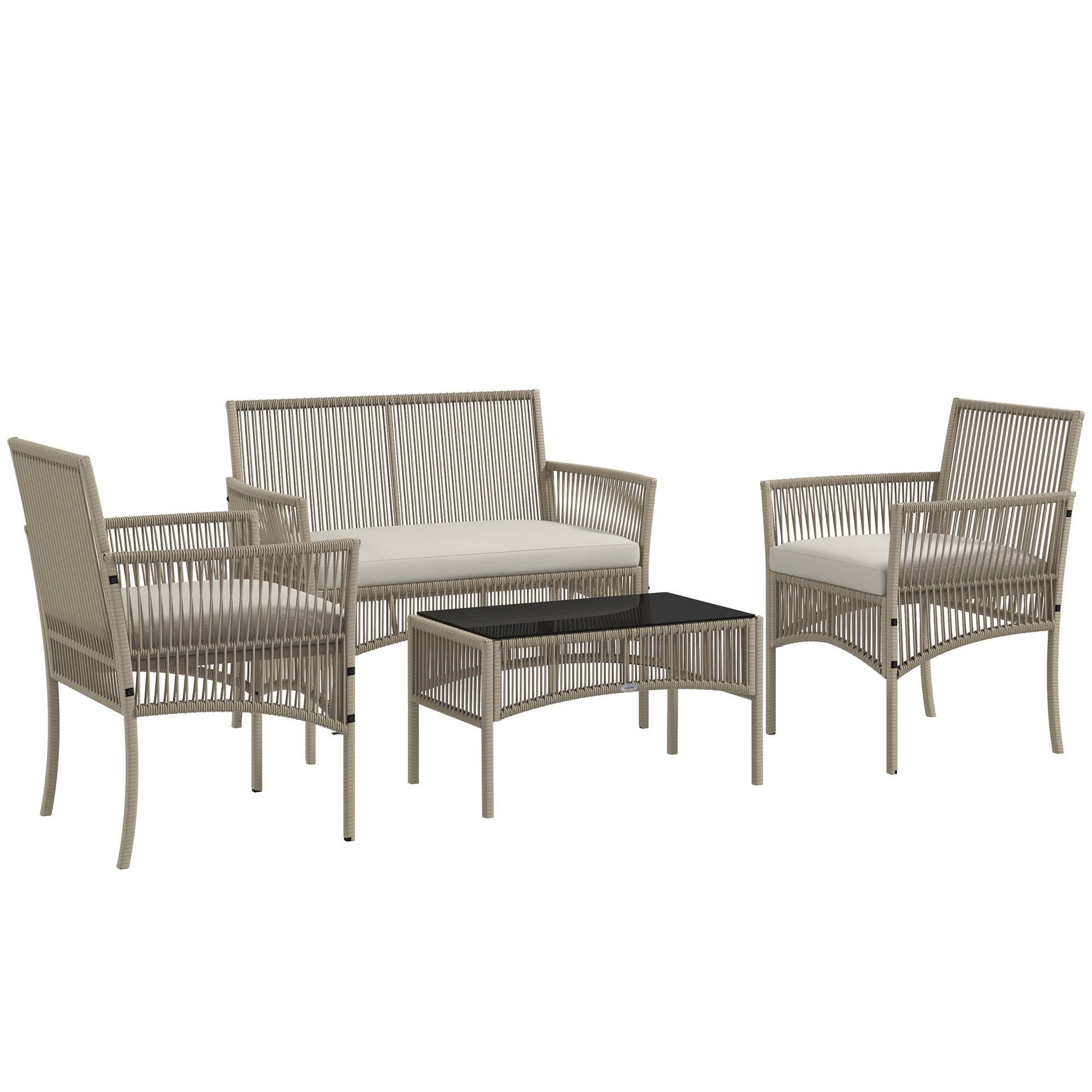 Outsunny - Lot 4 salon jardin canapé 2 places, 2 fauteuils, table verre trempé noir, 3 coussins métal rotin PE kaki - Outsunny - Image 1