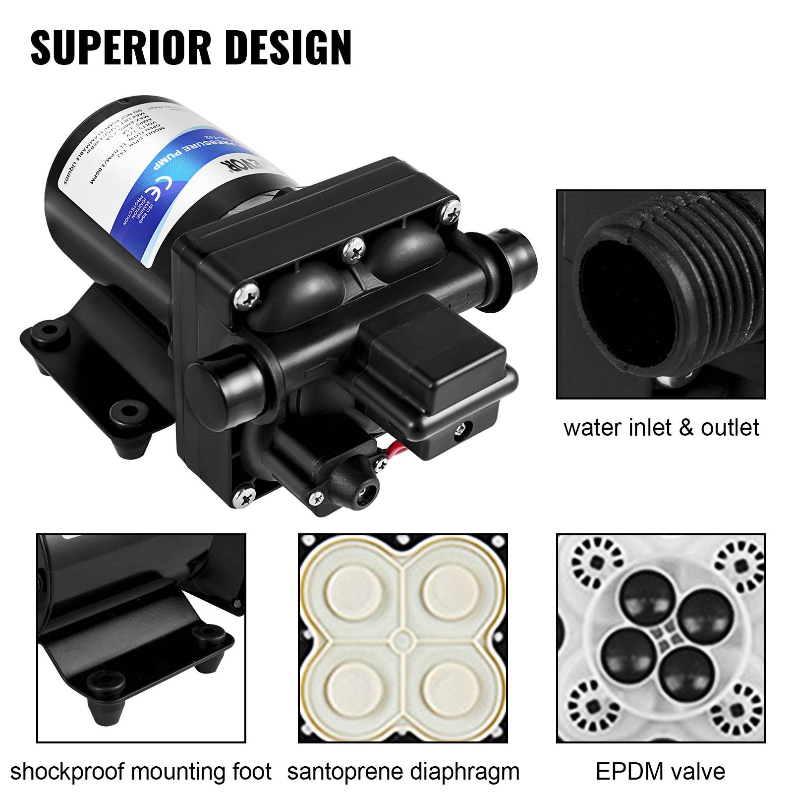 VEVOR Pompe à eau lavage 12V diaphragme 55 Psi, amorçage auto, camping-car/marine/auto. - Image 3