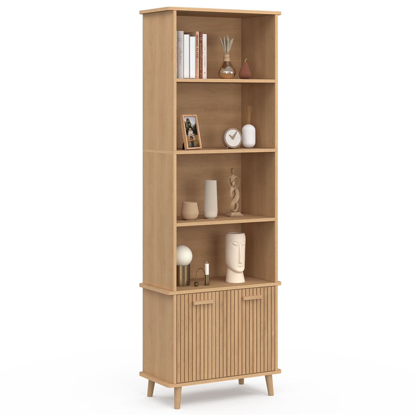 Etagère bibliothèque 4 niveaux avec placard JULIETTE lattes tasseau bois coloris chêne - Image 2