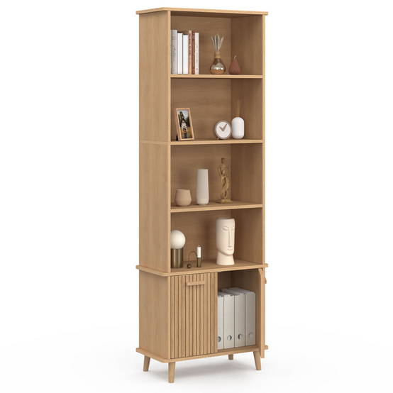 Etagère bibliothèque 4 niveaux avec placard JULIETTE lattes tasseau bois coloris chêne - Image 4