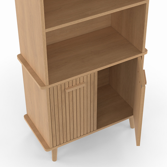 Etagère bibliothèque 4 niveaux avec placard JULIETTE lattes tasseau bois coloris chêne - Image 6