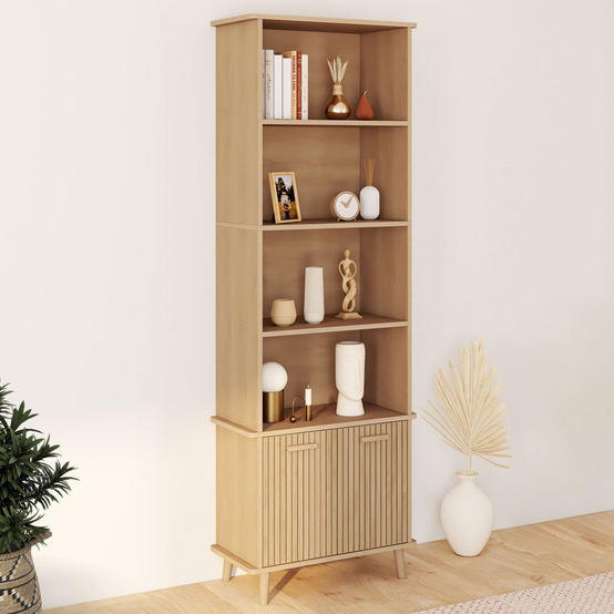 Etagère bibliothèque 4 niveaux avec placard JULIETTE lattes tasseau bois coloris chêne - Image 1