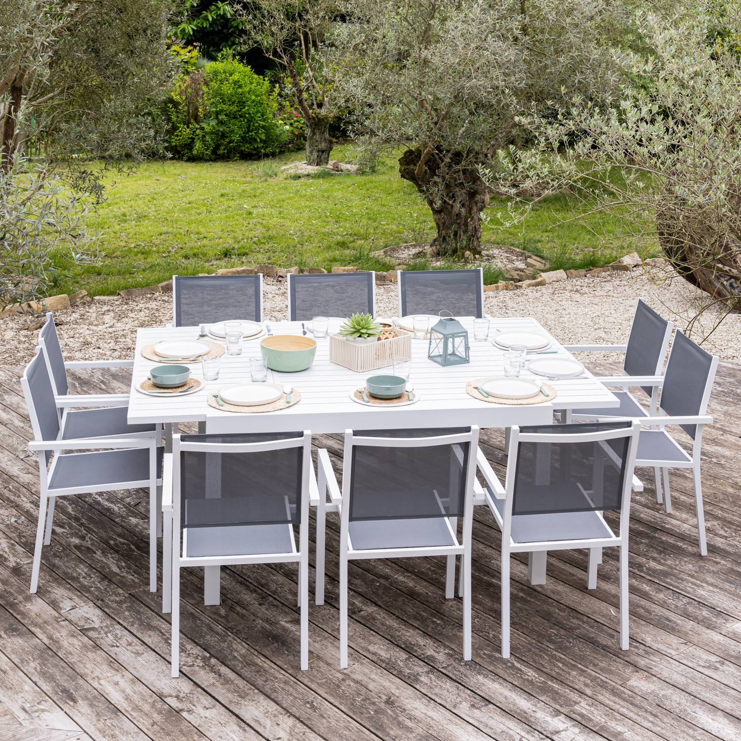 Happy Garden - Salon de jardin extensible 10 places de 140/200cm en textilène gris - aluminium blanc VENEZIA - HAPPY GARDEN - Imagen 2