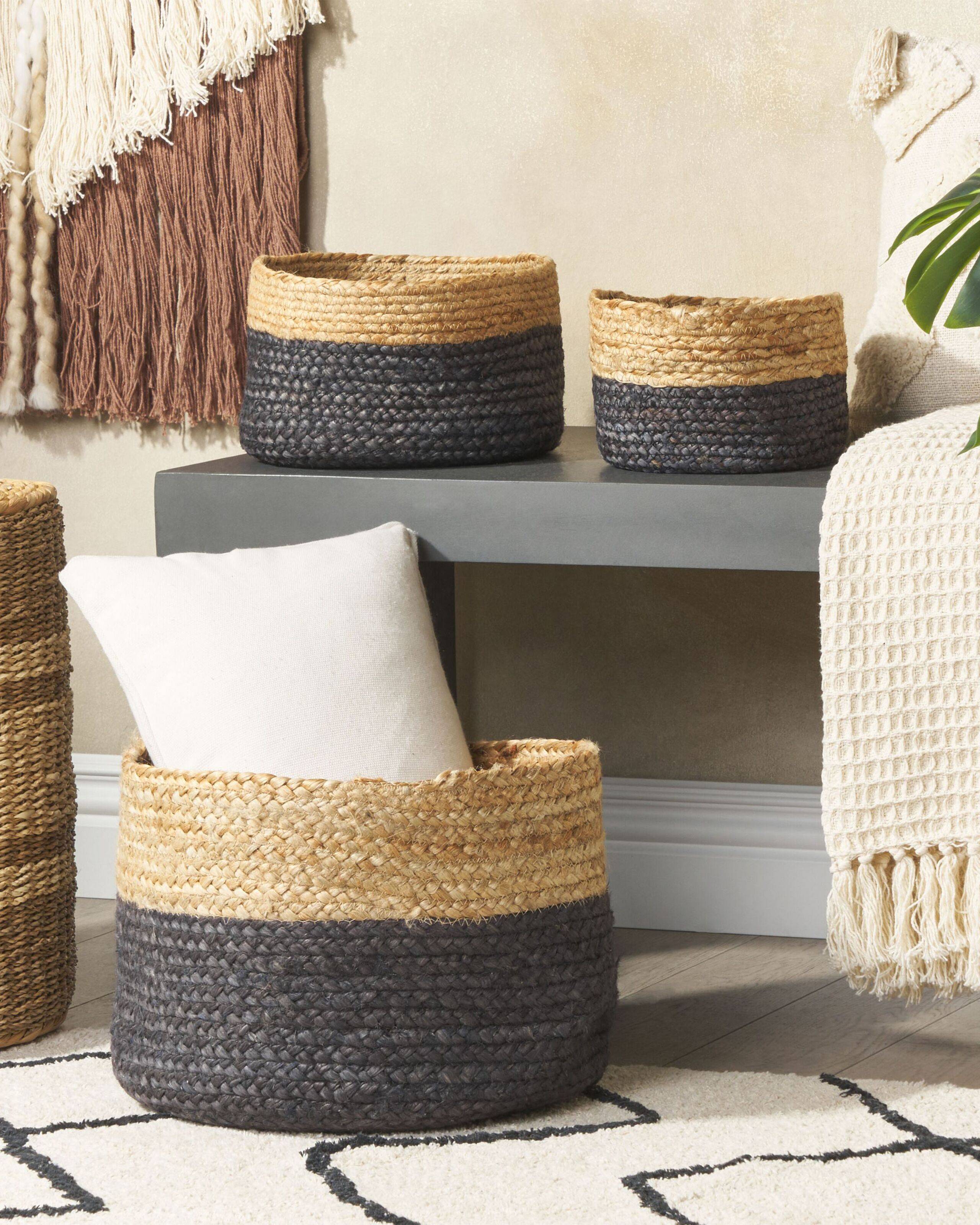 Beliani - Lot de 3 Paniers de Rangement en Jute Naturel Noir 13/15/25 cm de Hauteur Accessoire Linge Décoration Boho - Imagen 2