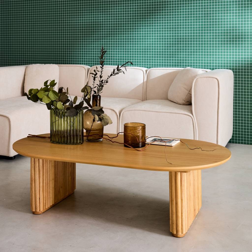 sweeek - Table basse ovale bois d'hévéa placage chêne - L 122 x P 65 x H 35 cm - Gabrielle | sweeek - Image 1