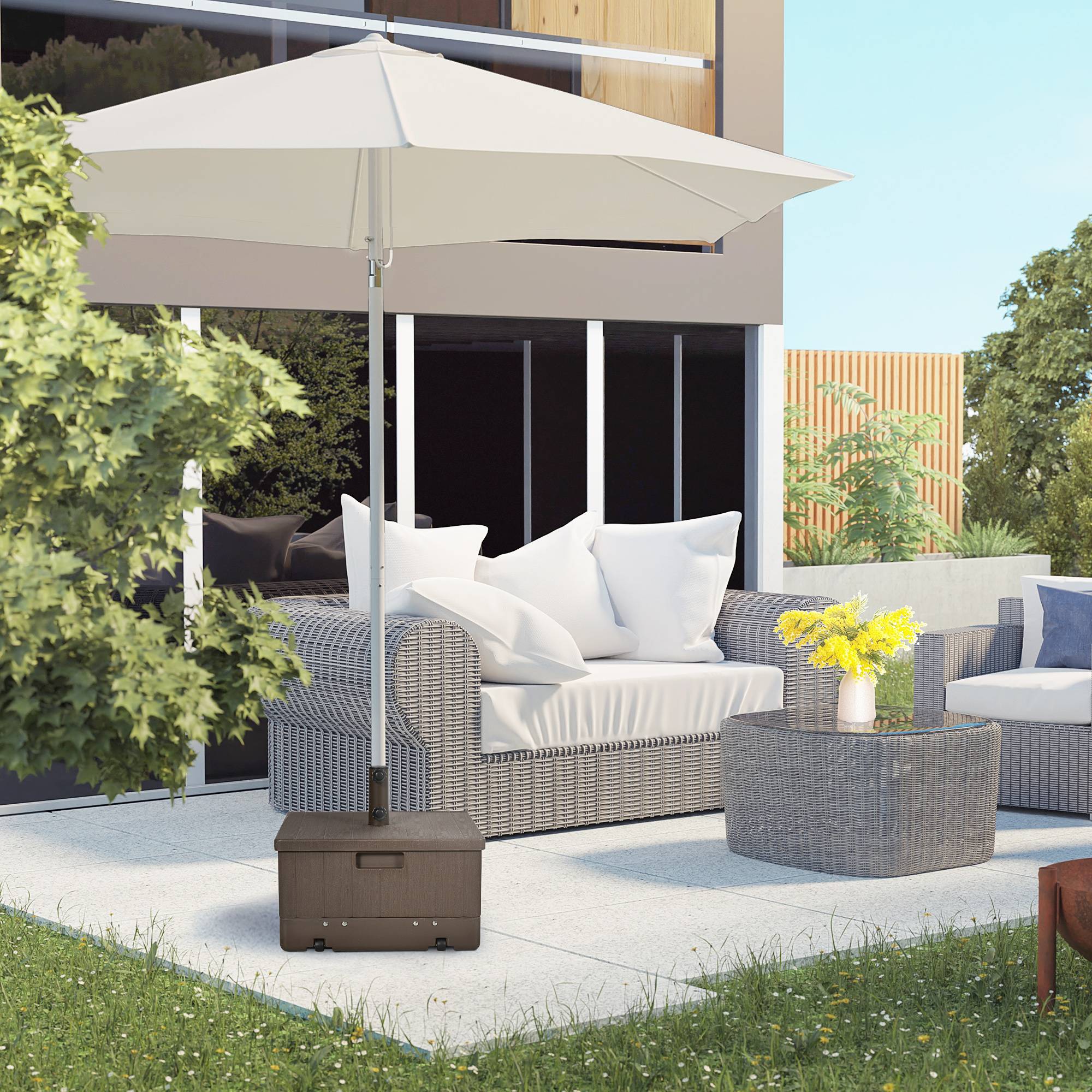 Outsunny - Pied de parasol base de lestage table d'appoint jardinière avec drainage 53x53x47cm roulettes et poignées PE et métal marron - Outsunny - Image 4