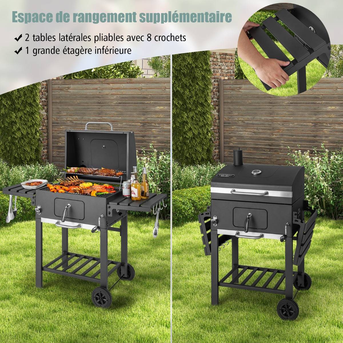 Triclicks Barbecue Charbon Portable Avec Couvercle, Jauge Température, Tables & Roues - Noir