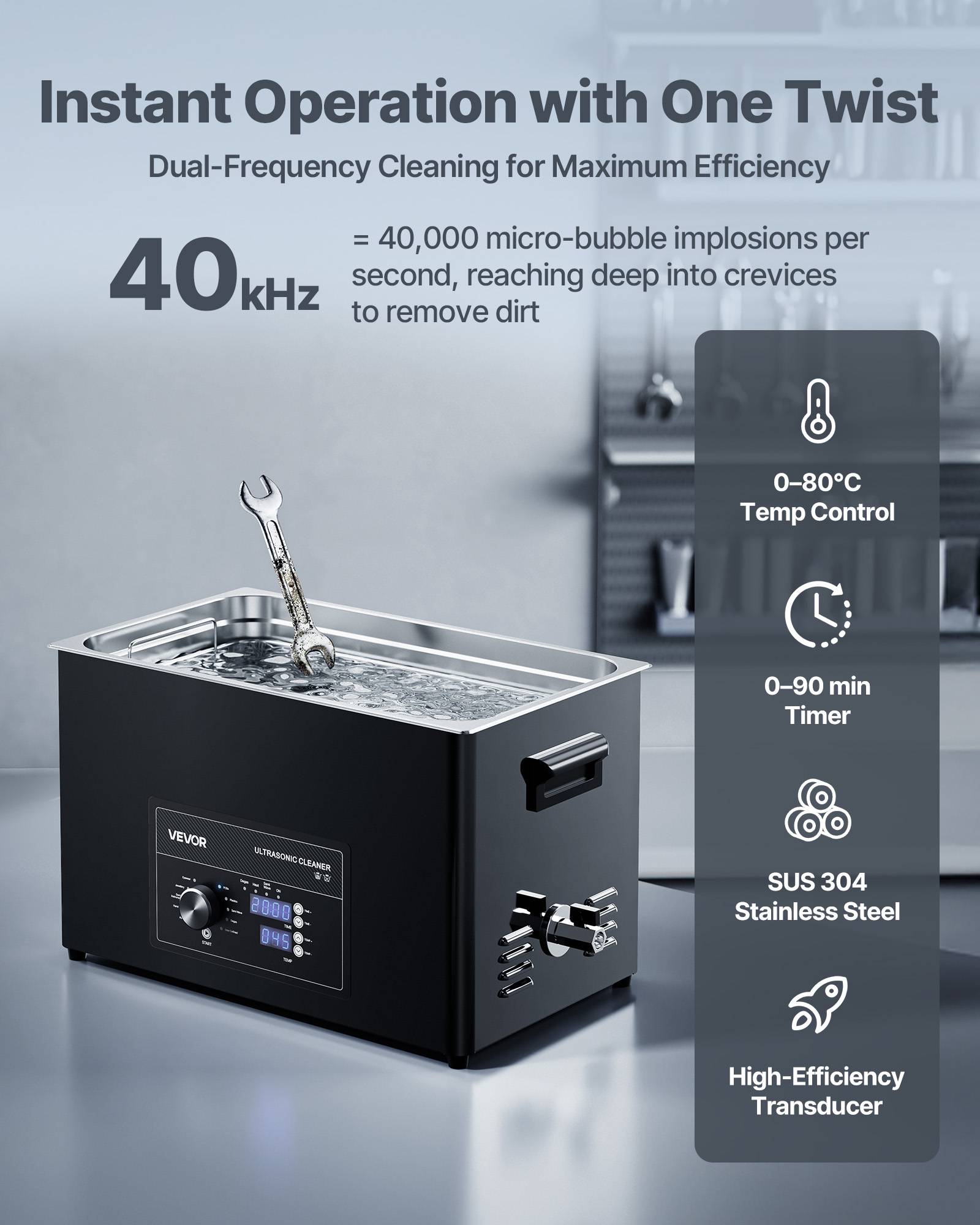Vevor - VEVOR Nettoyeur à ultrasons 30 L, inox 304, 40 kHz, 10 transducteurs, panier et boule de nettoyage, pour bijoux, montres, pièces - Image 2