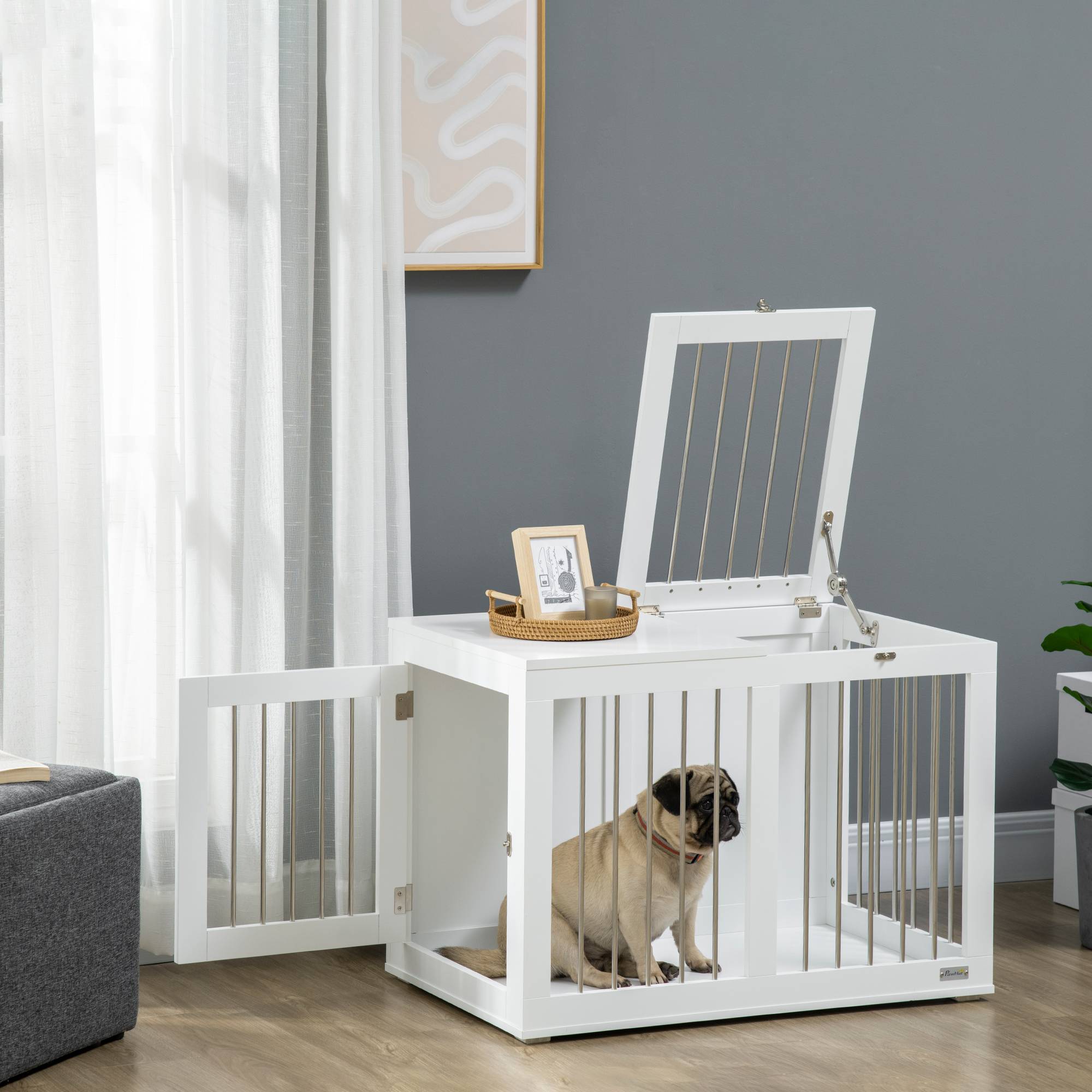Cage pour chien avec portes et fonction de transport, MDF blanc, 80 x 50 x 56.5 cm - PANGIVO - Image 2