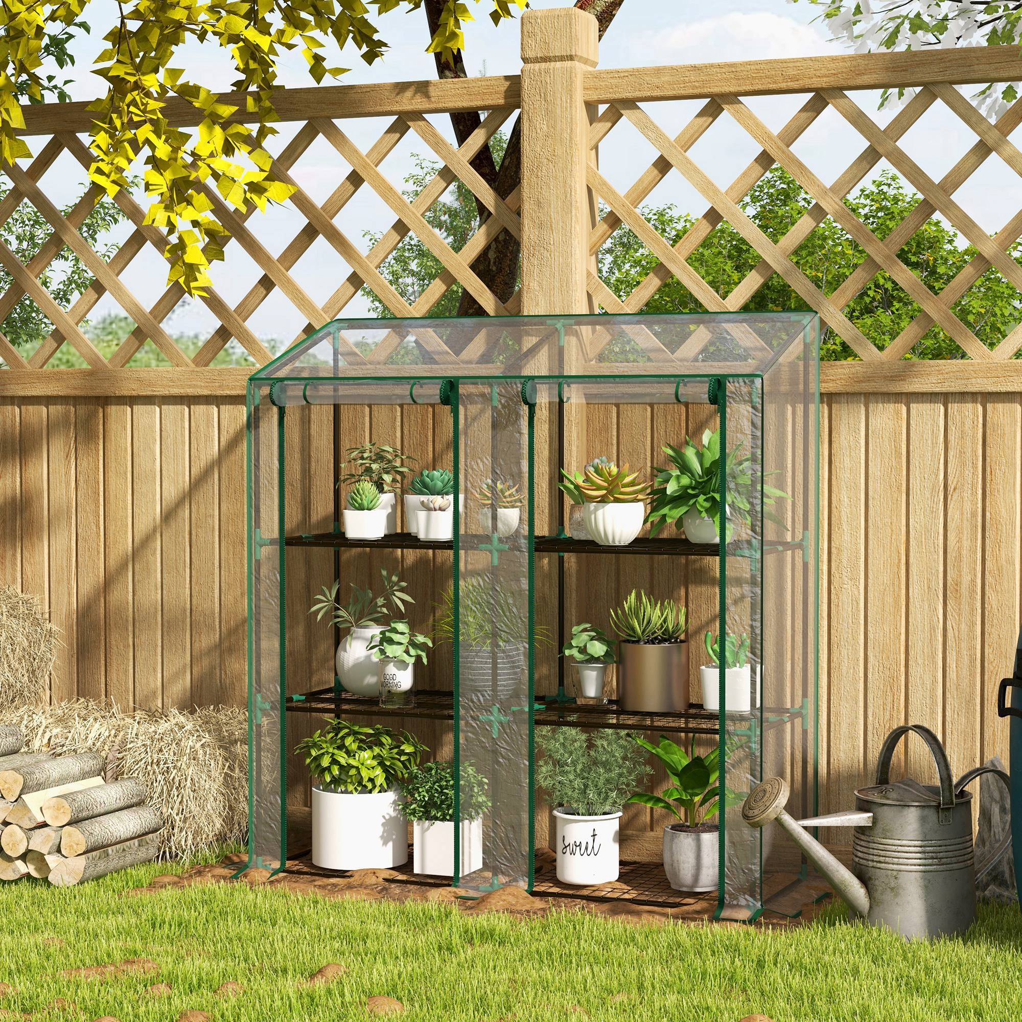 Serre de jardin à 3 niveaux avec étagères, toit incliné et portes zippées, 143 x 46 x 141/151 cm, transparente - Image 4