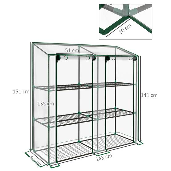 Serre de jardin à 3 niveaux avec étagères, toit incliné et portes zippées, 143 x 46 x 141/151 cm, transparente - Image 5