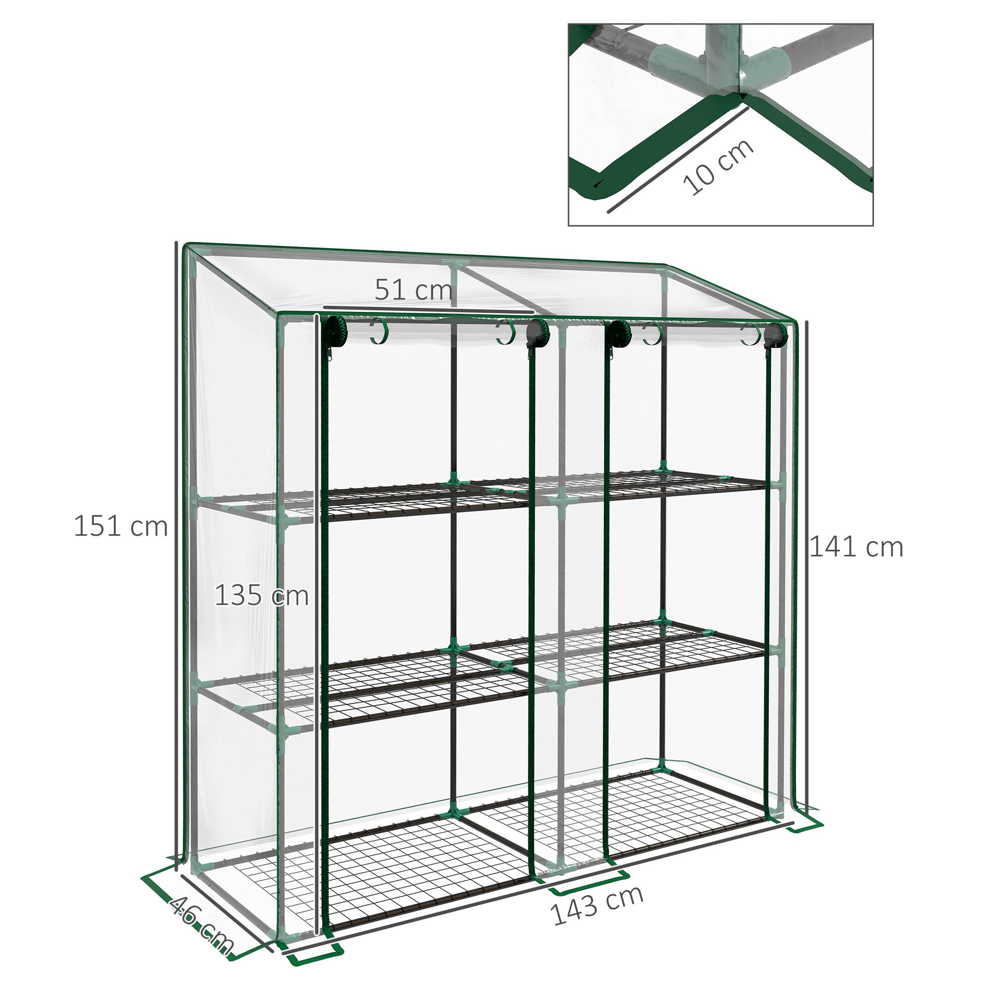 Serre de jardin à 3 niveaux avec étagères, toit incliné et portes zippées, 143 x 46 x 141/151 cm, transparente - Image 5