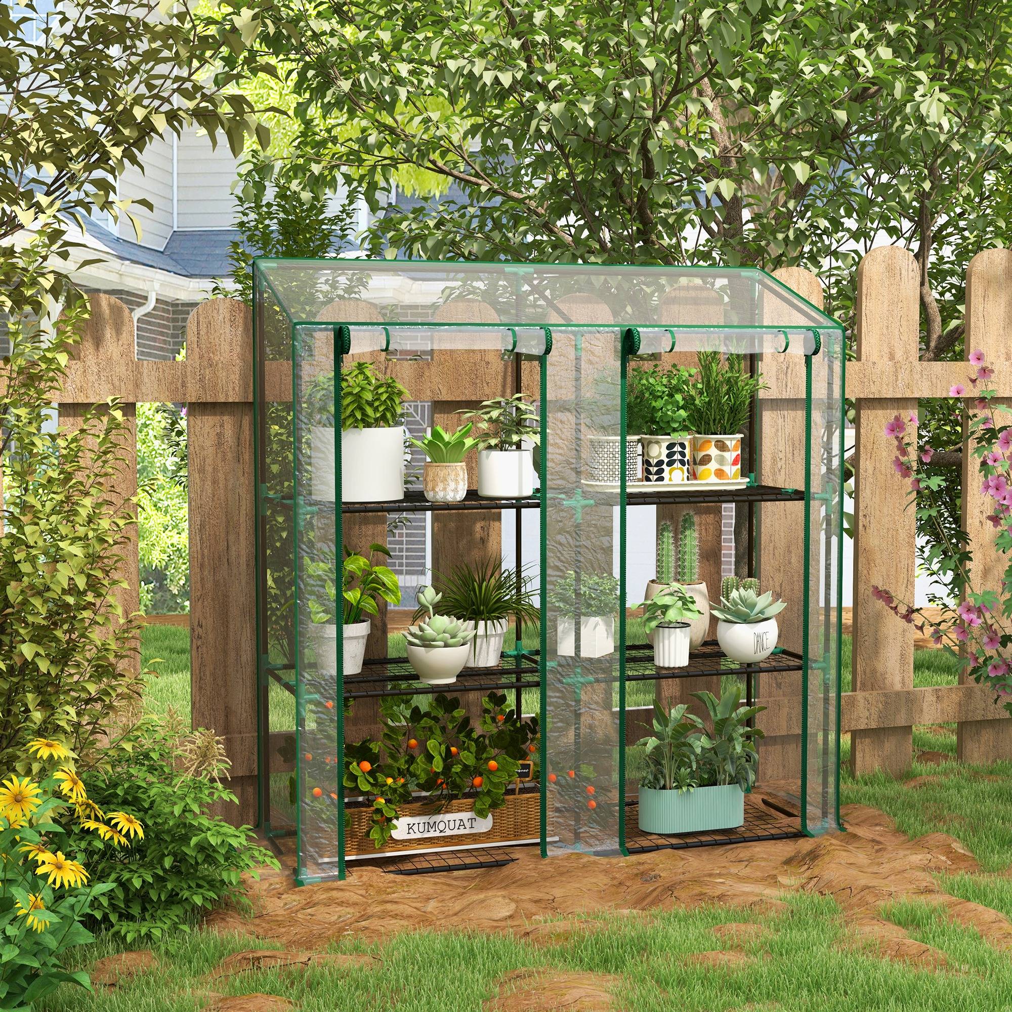 Serre de jardin à 3 niveaux avec étagères, toit incliné et portes zippées, 143 x 46 x 141/151 cm, transparente - Image 3