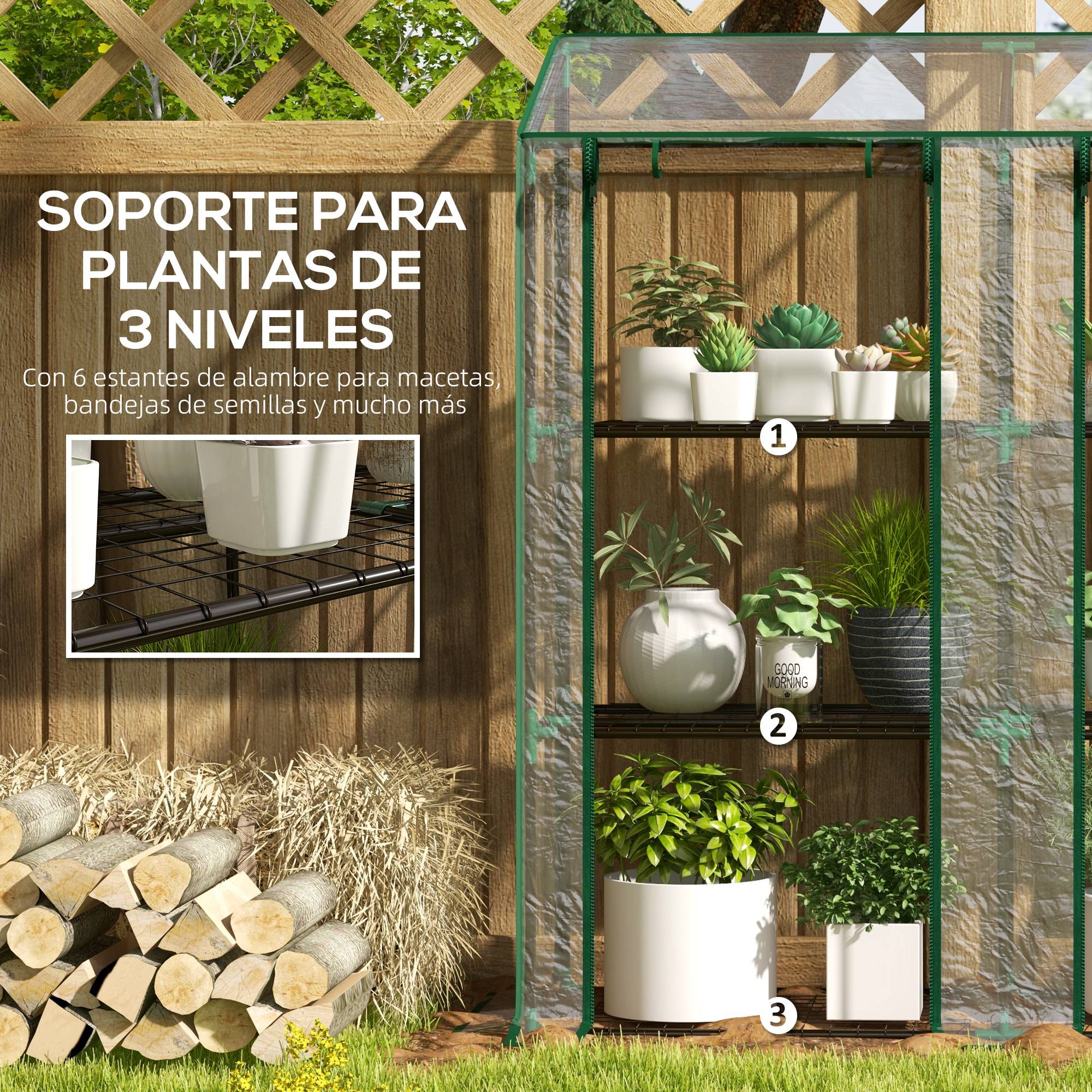 Serre de jardin à 3 niveaux avec étagères, toit incliné et portes zippées, 143 x 46 x 141/151 cm, transparente - Image 7