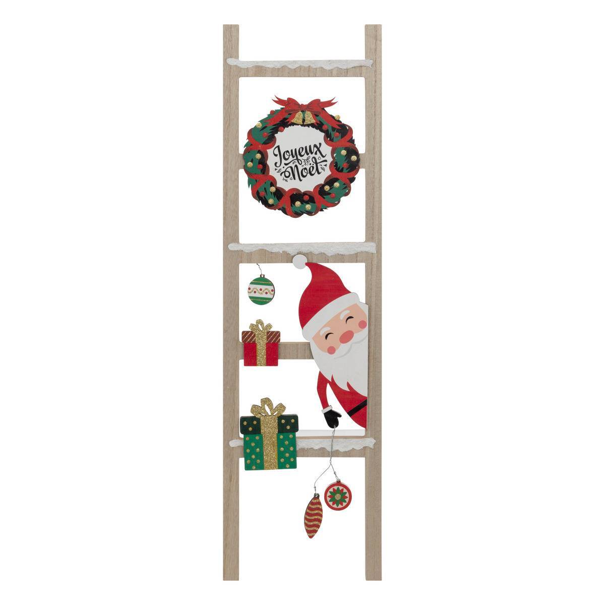 Fééric Lights & Christmas - Cartel Escalera Feliz Navidad de madera con Papá Noel y Corona H 65 cm
