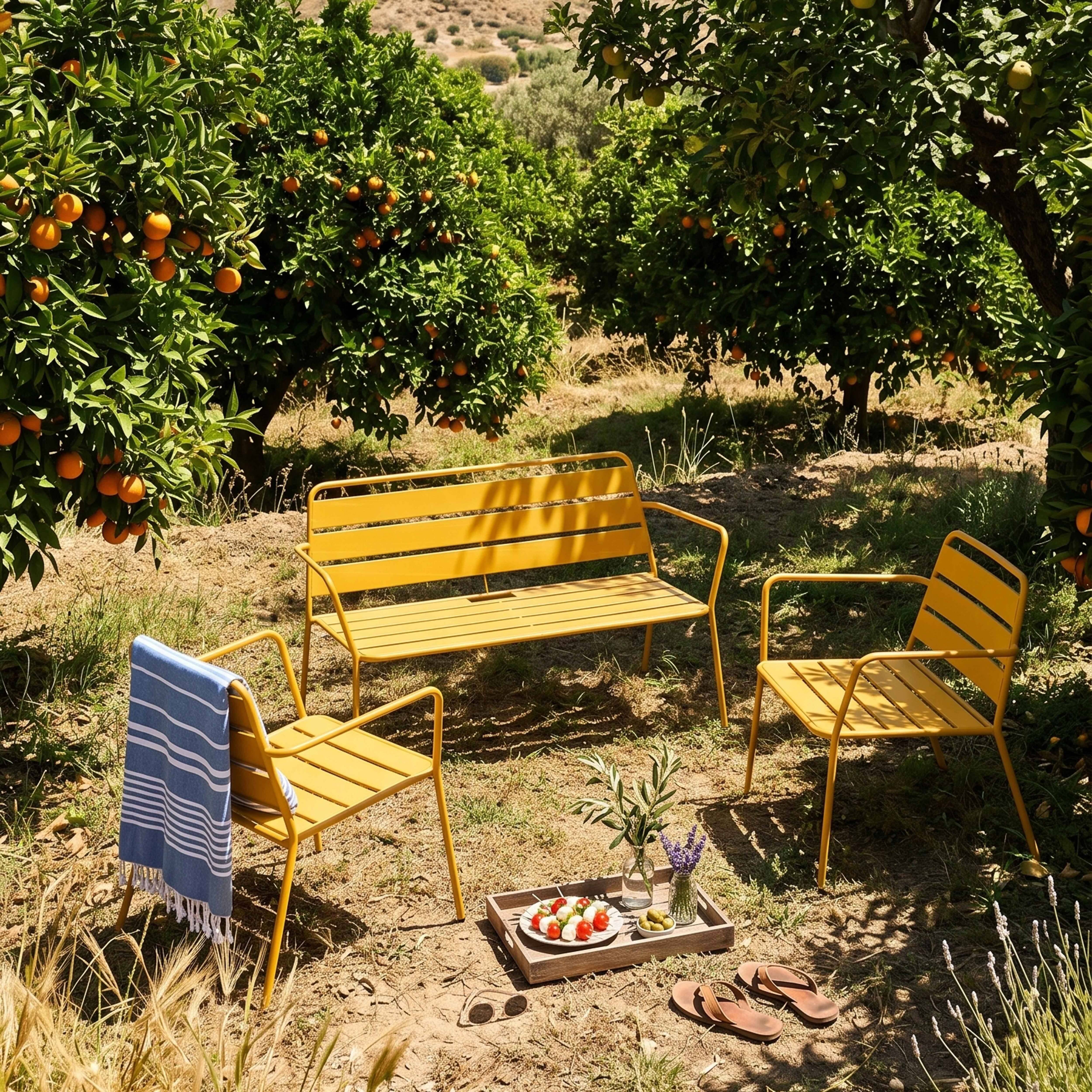 Oviala - Salon de jardin 4 places en métal jaune Palavas - Oviala - Imagen 2