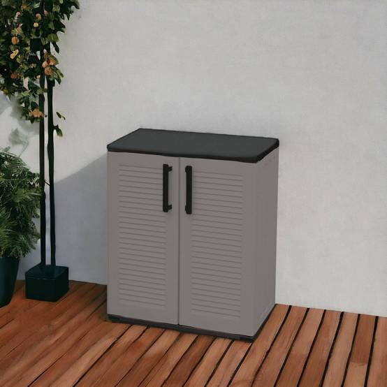 Dmora - Armoire d'extérieur Mol, Armoire de balcon polyvalente, Armoire d'extérieur avec 2 portes, 68x37h84 cm, Finition rayée, Gris et Noir - Dmora - Image 2