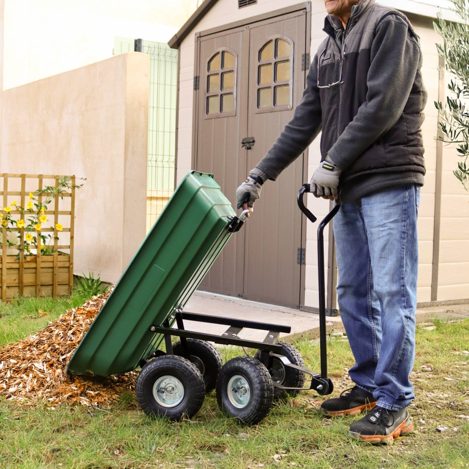 Chariot de jardin, remorque de transport à roulettes - 75 L -  260 Kg - Vert - Linxor - Image 5