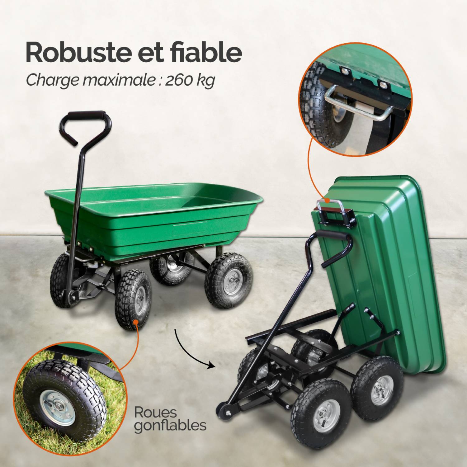 Chariot de jardin, remorque de transport à roulettes - 75 L -  260 Kg - Vert - Linxor - Image 3