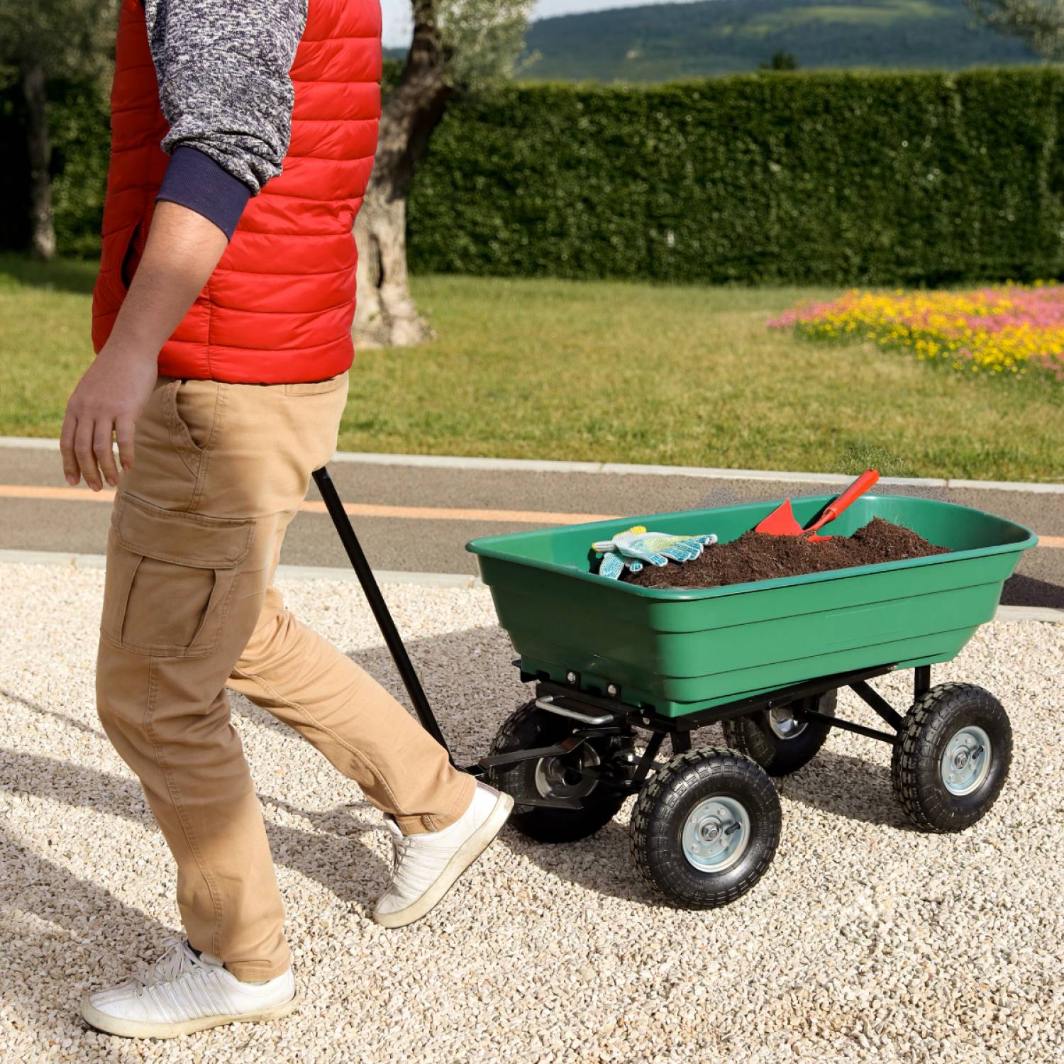 Chariot de jardin, remorque de transport à roulettes - 75 L -  260 Kg - Vert - Linxor - Image 4
