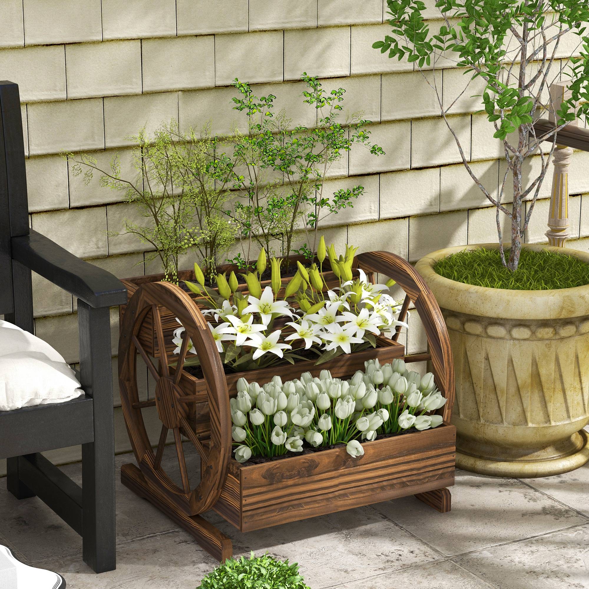 Jardinière en bois, pot de fleurs d'extérieur à 3 niveaux, design échelle, trous de drainage, 61 x 62 x 57 cm, carbonisé - Image 4