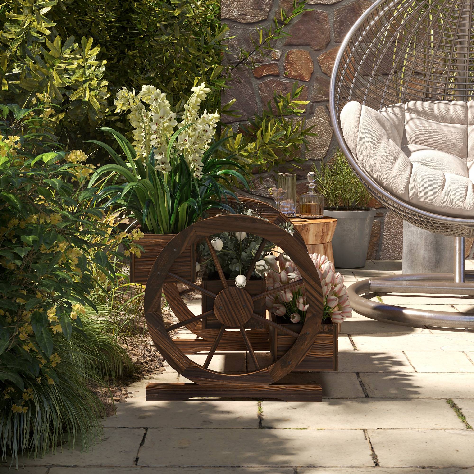 Jardinière en bois, pot de fleurs d'extérieur à 3 niveaux, design échelle, trous de drainage, 61 x 62 x 57 cm, carbonisé - Image 10