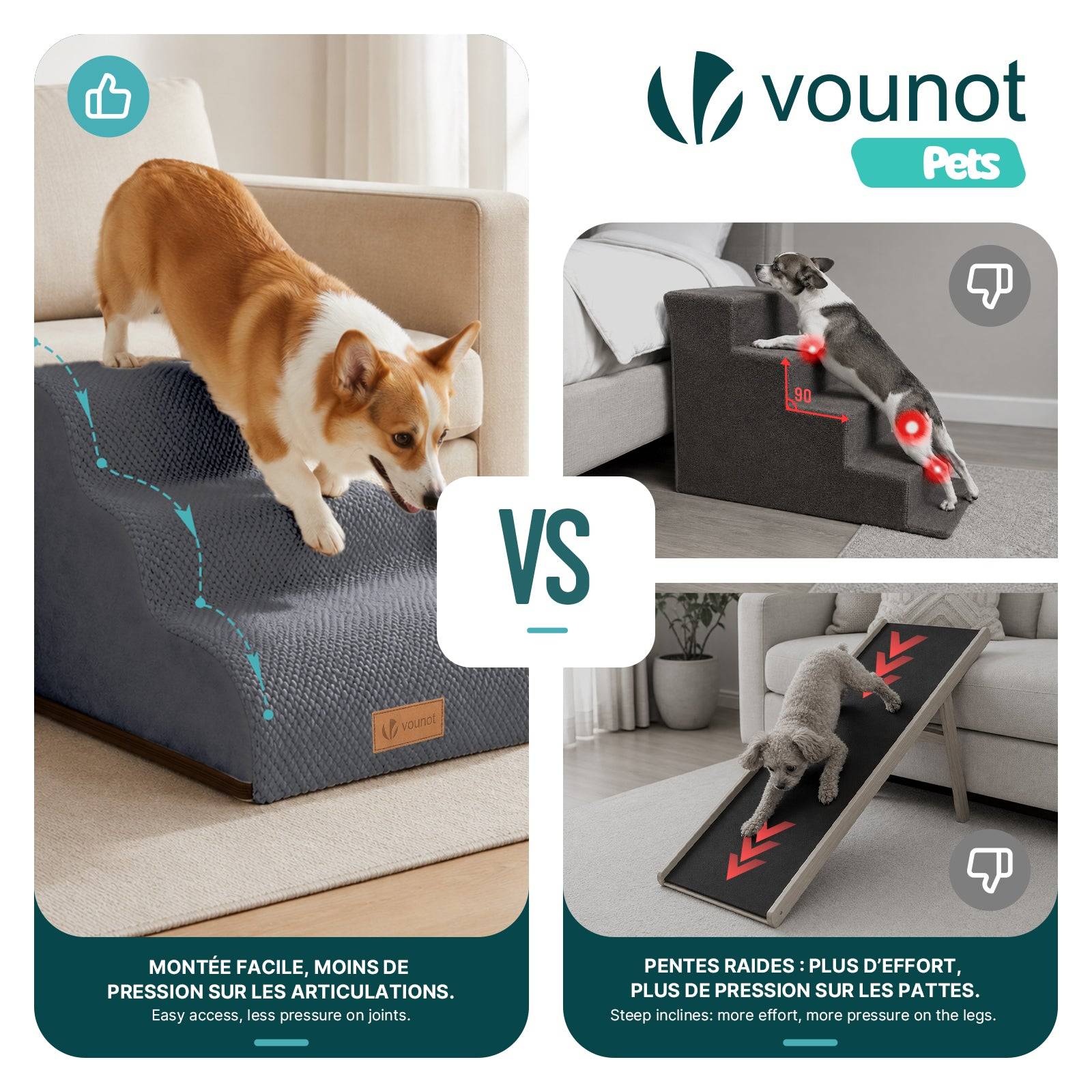 Vounot - Escalier pour chien et chat en mousse haute densite et housse lavable 57x40x40cm gris - Image 6