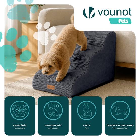 Vounot - Escalier pour chien et chat en mousse haute densite et housse lavable 57x40x40cm gris - Image 2