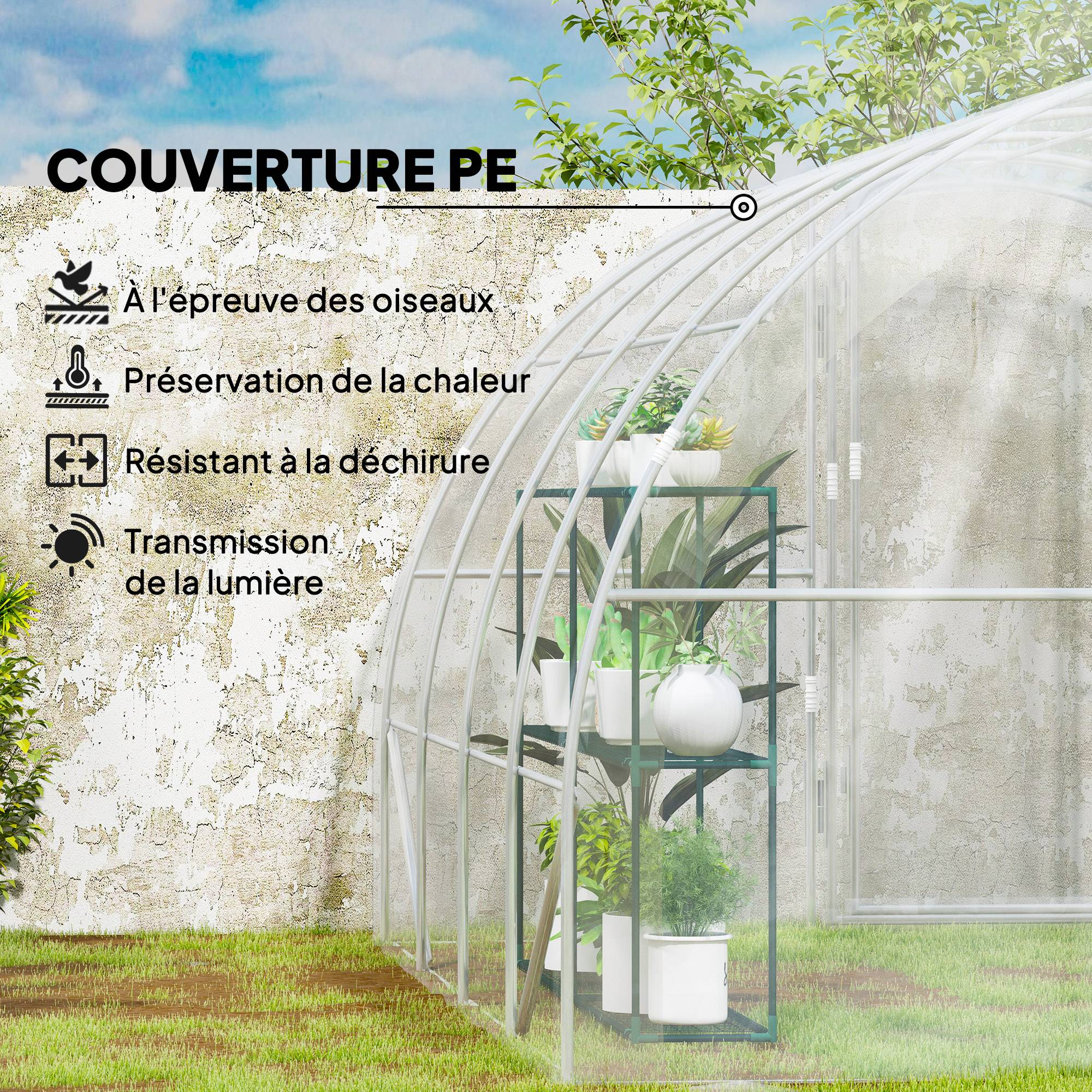 Outsunny - Serre de jardin tunnel 4x3x2m 12m² avec 2 portes à charnières bâche PE 150g/m² pour légumes plantes fleurs - Outsunny - Image 5