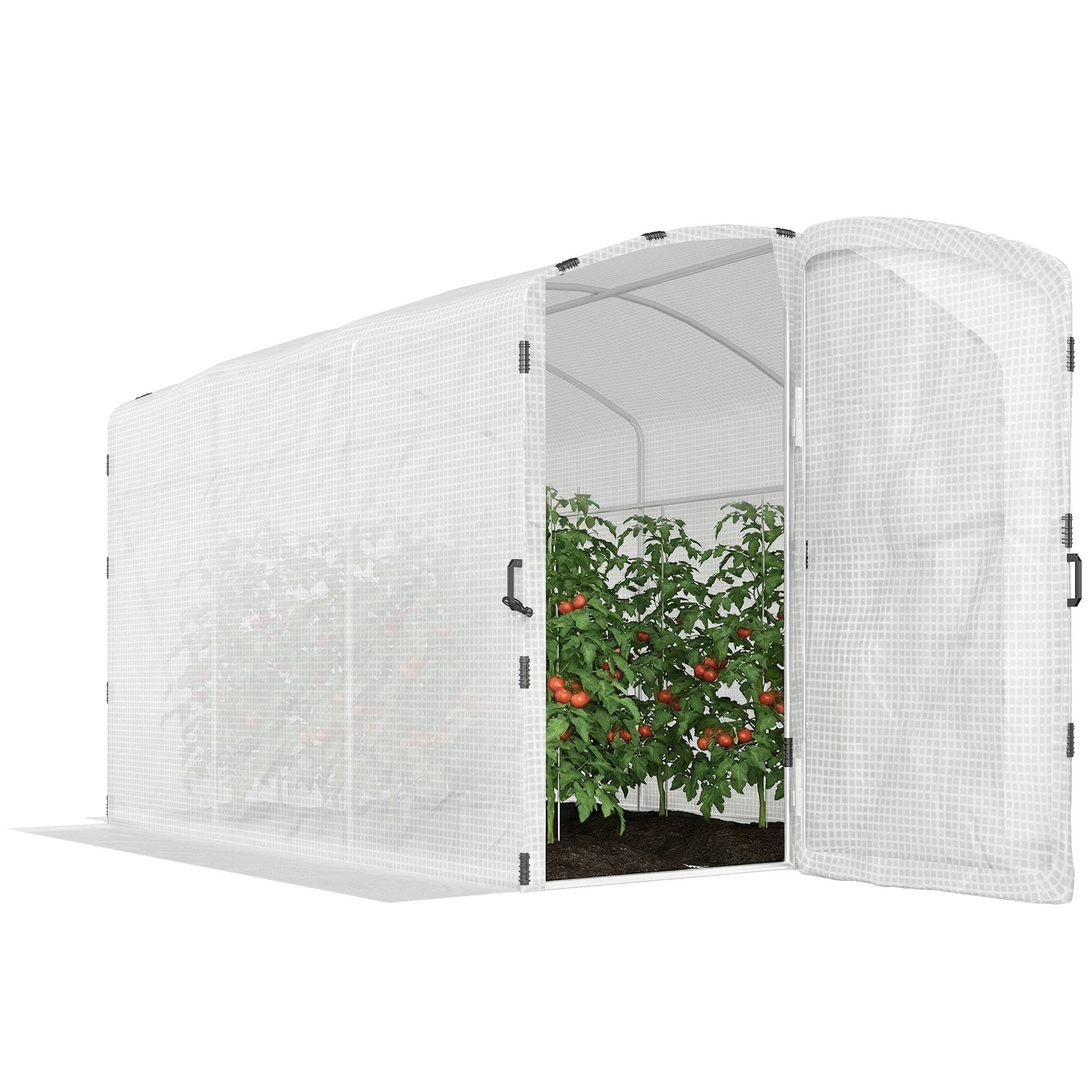 Serre tunnel de jardin 6m², serre de jardin tunnel 300x200x195cm bâche PE 220g/m² bords prolongés 50 cm avec porte blanc