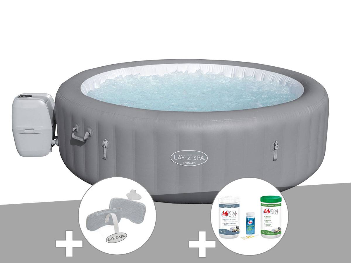 Bestway - Kit spa gonflable Bestway Lay-Z-Spa Grenada rond Airjet 6/8 places + Kit traitement brome + 2 appuie-têtes