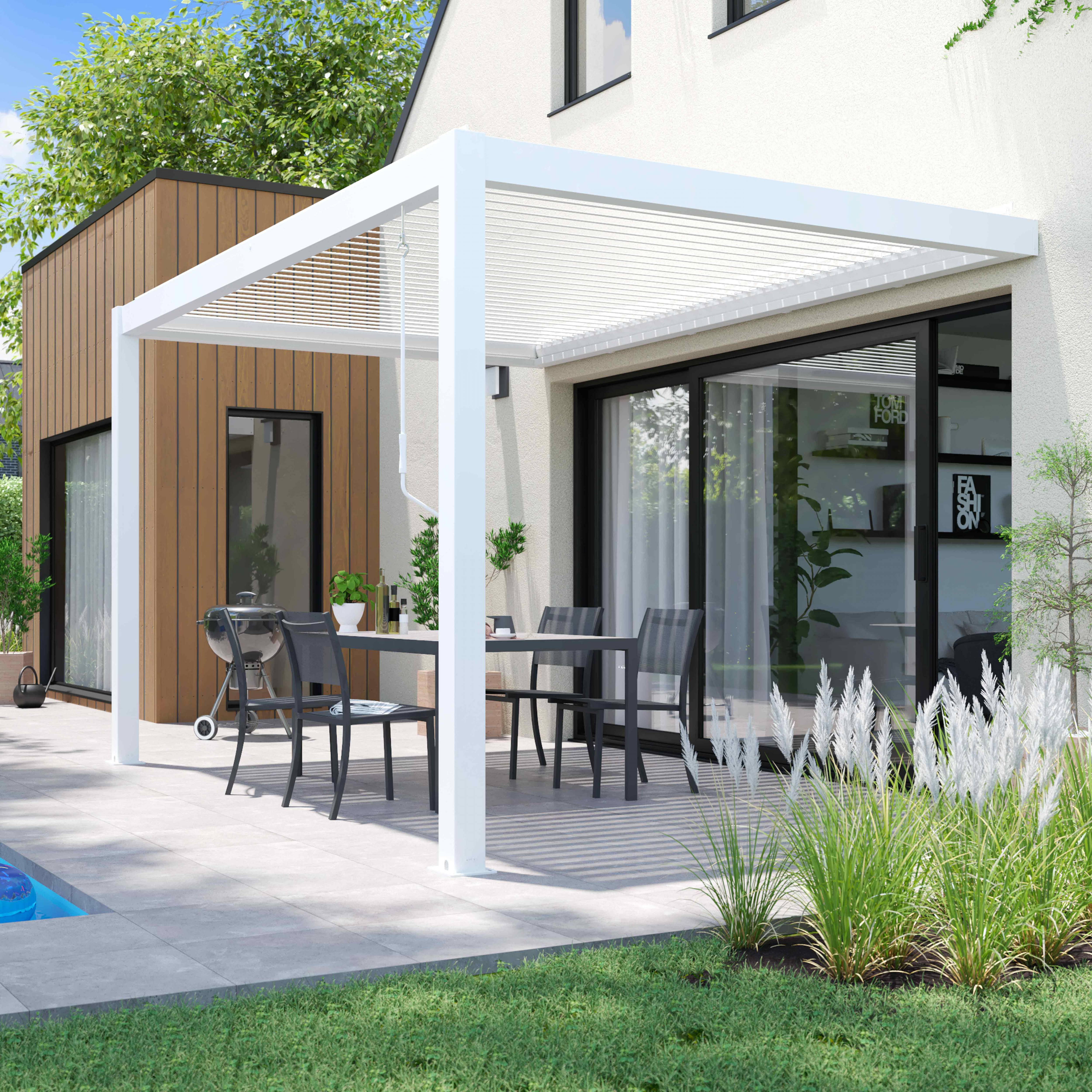Oviala - Pergola bioclimatique adossée blanche en aluminium 3x4 m Oia - Oviala - Imagen 6