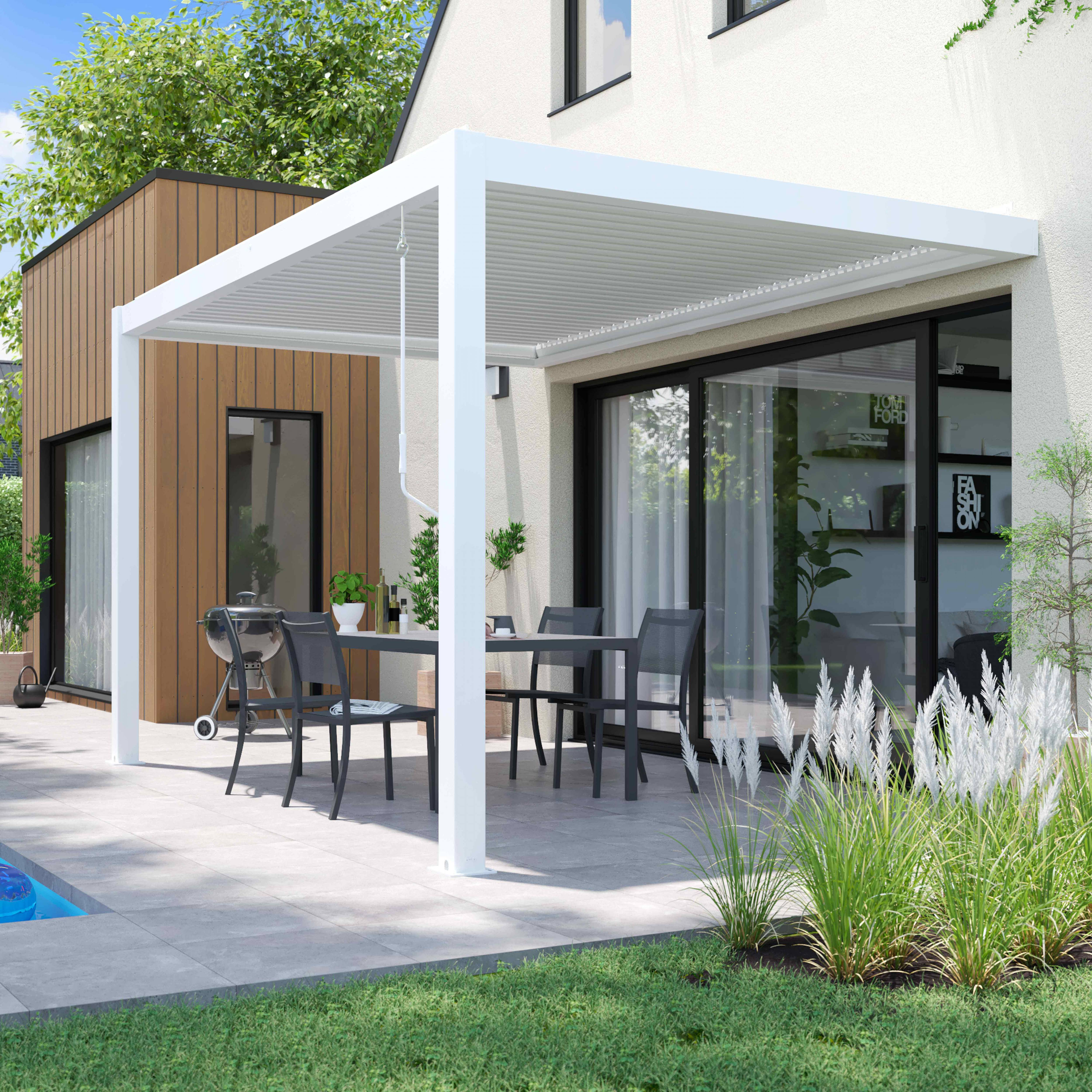 Oviala - Pergola bioclimatique adossée blanche en aluminium 3x4 m Oia - Oviala - Imagen 1