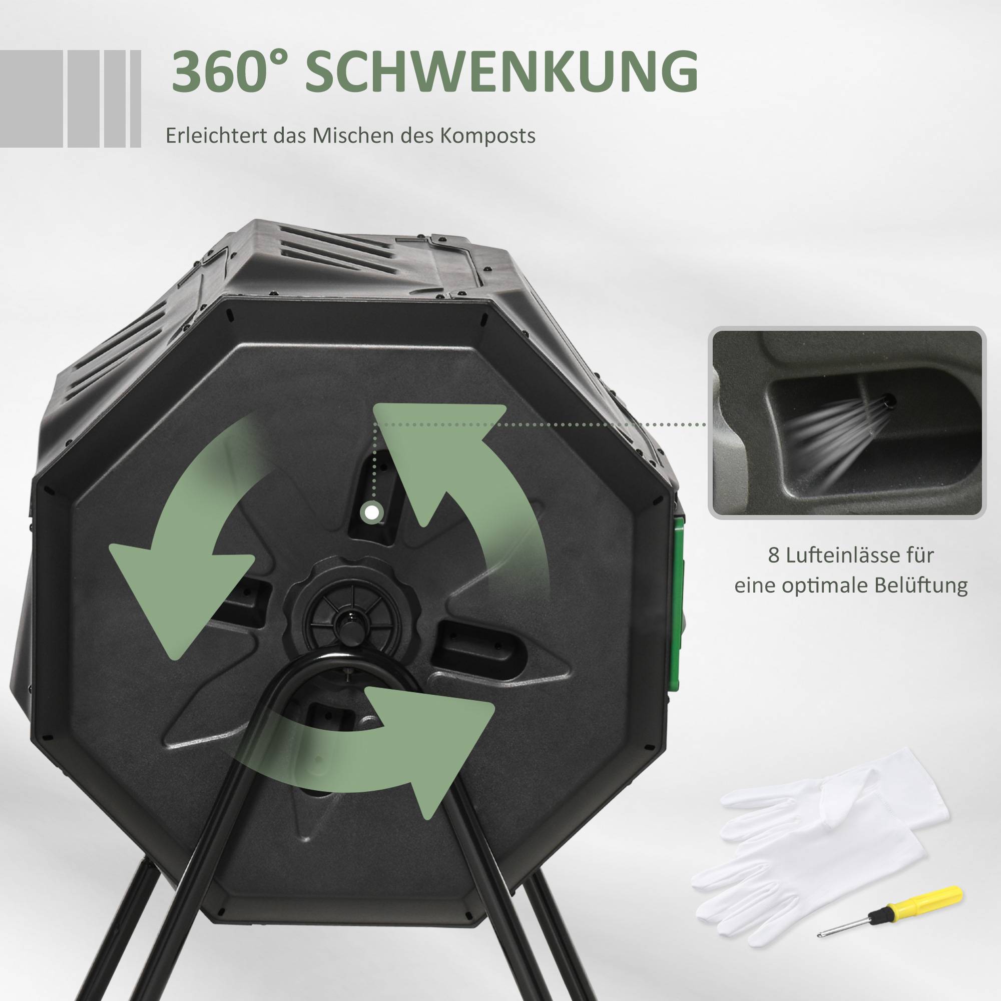 ComfortXL - Composteur rotatif double compartiment acier et plastique 160 L vert noir pour jardin compostage facile - Image 5