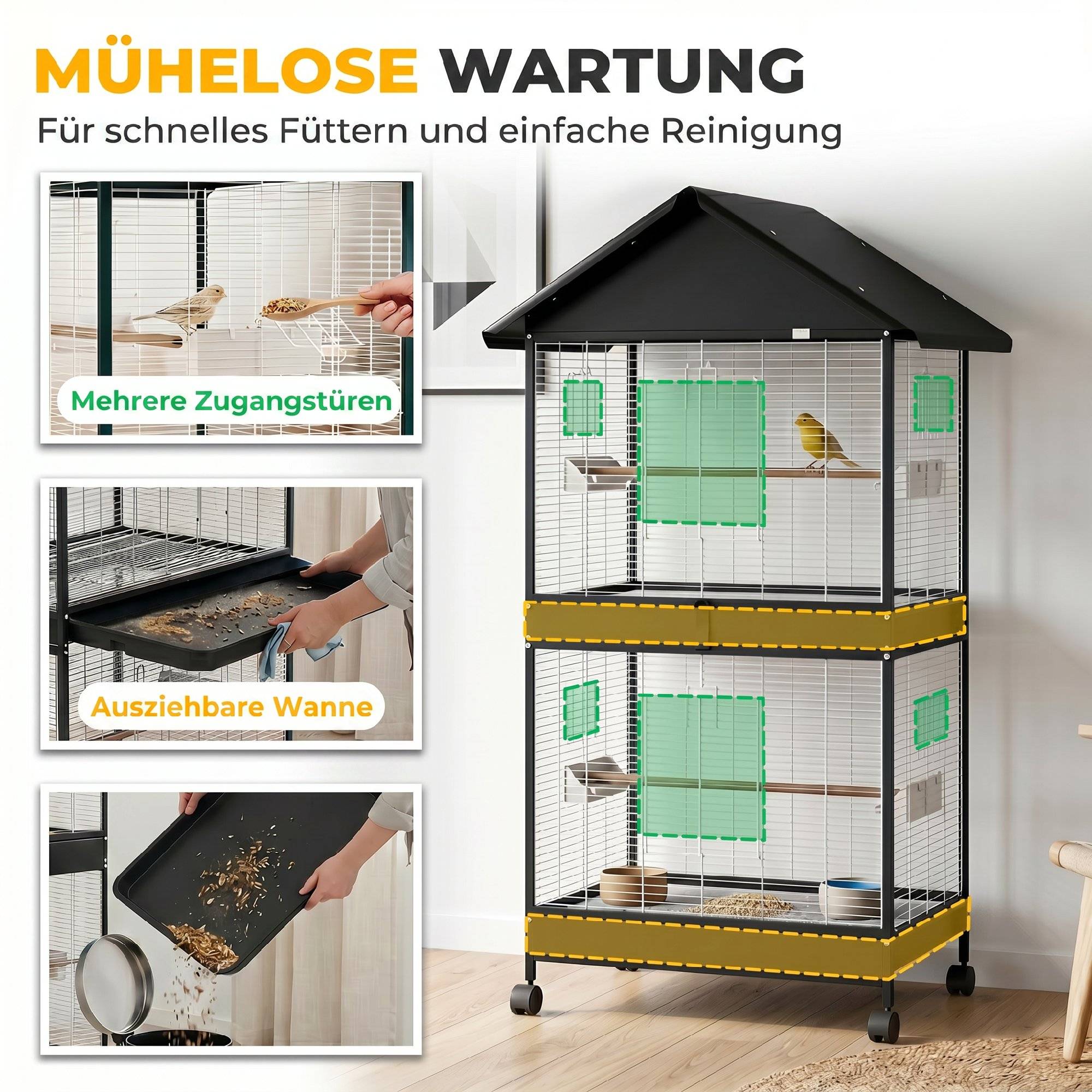 ComfortXL - Grande volière XXL acier noir avec cloison amovible roulettes pour perruches perroquets usage intérieur extérieur - Image 7