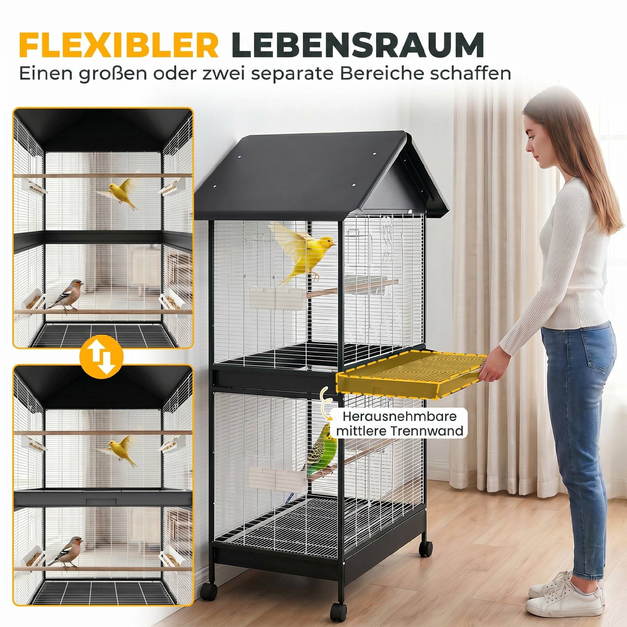 ComfortXL - Grande volière XXL acier noir avec cloison amovible roulettes pour perruches perroquets usage intérieur extérieur - Image 4