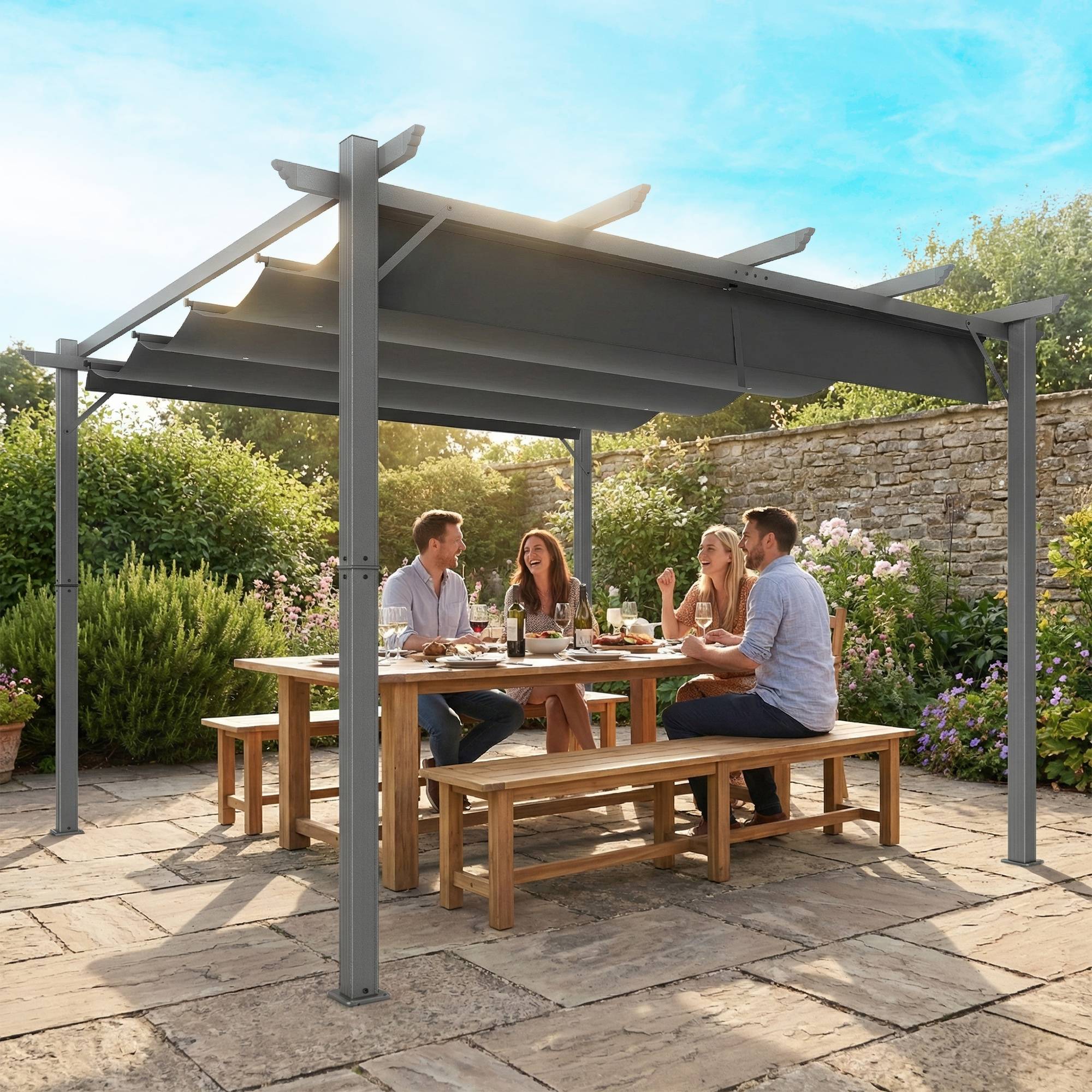 Pergola Autoportante 3x3m Aluminium Toit Rétractable Anti-UV Jardin Gris Foncé - ComfortXL Outdoor Living - Image 4