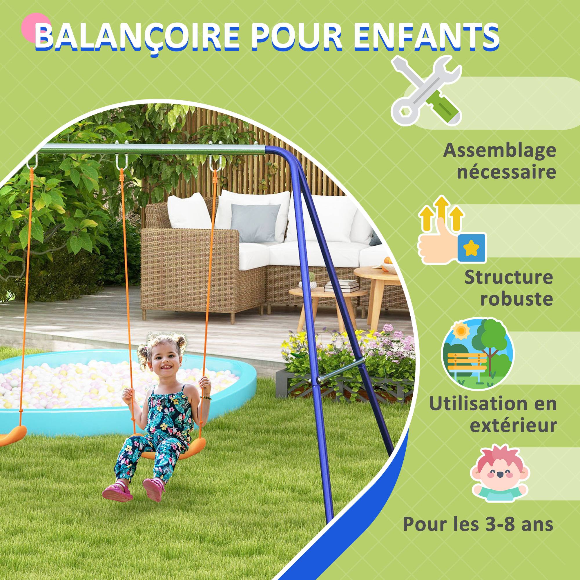 Outsunny - Balançoire 2 agrès portique avec 2 balançoires dim. 2,69L x 1,6l x 1,8H m métal époxy anticorrosion vert bleu PP orange - Outsunny - Imagen 4