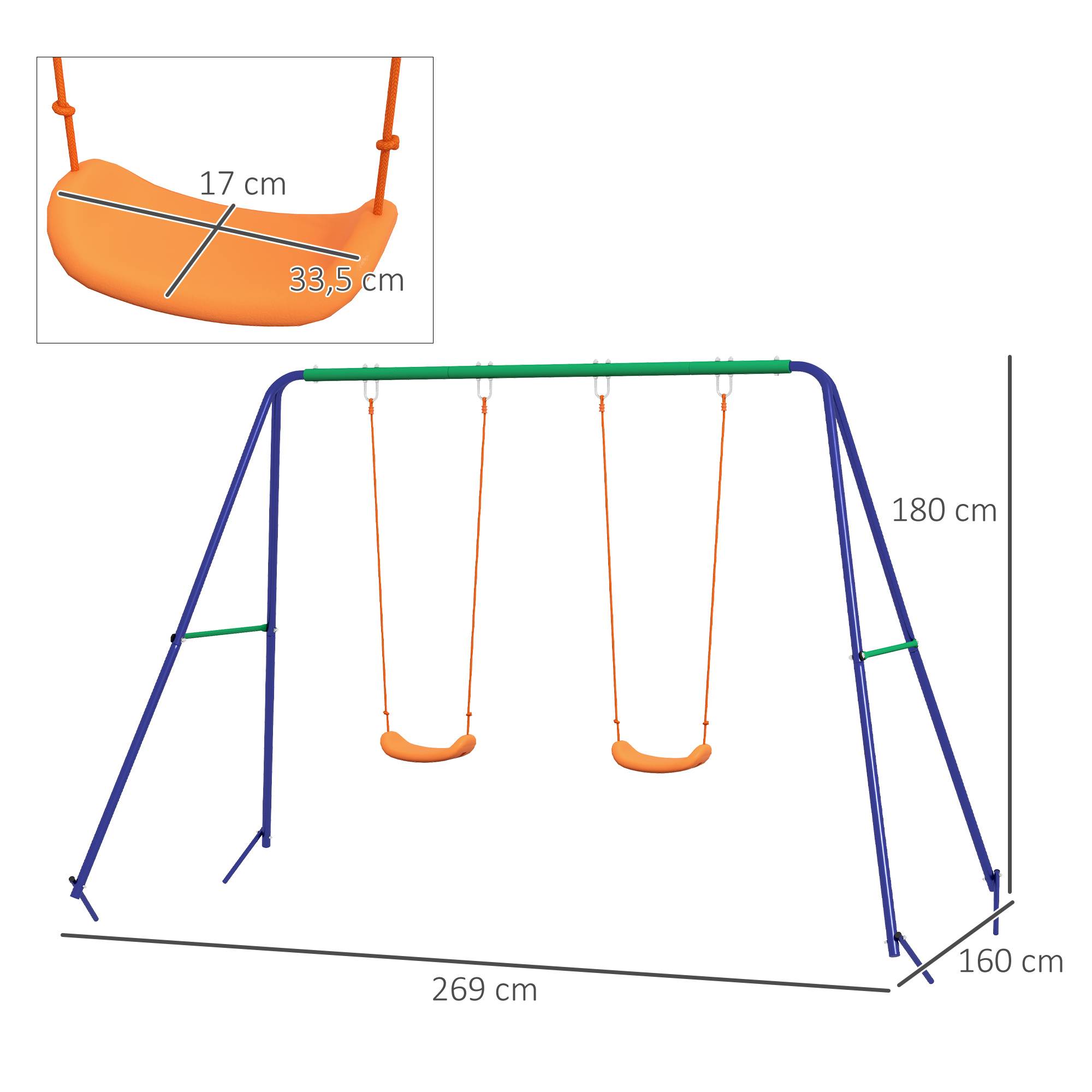 Outsunny - Balançoire 2 agrès portique avec 2 balançoires dim. 2,69L x 1,6l x 1,8H m métal époxy anticorrosion vert bleu PP orange - Outsunny - Imagen 3