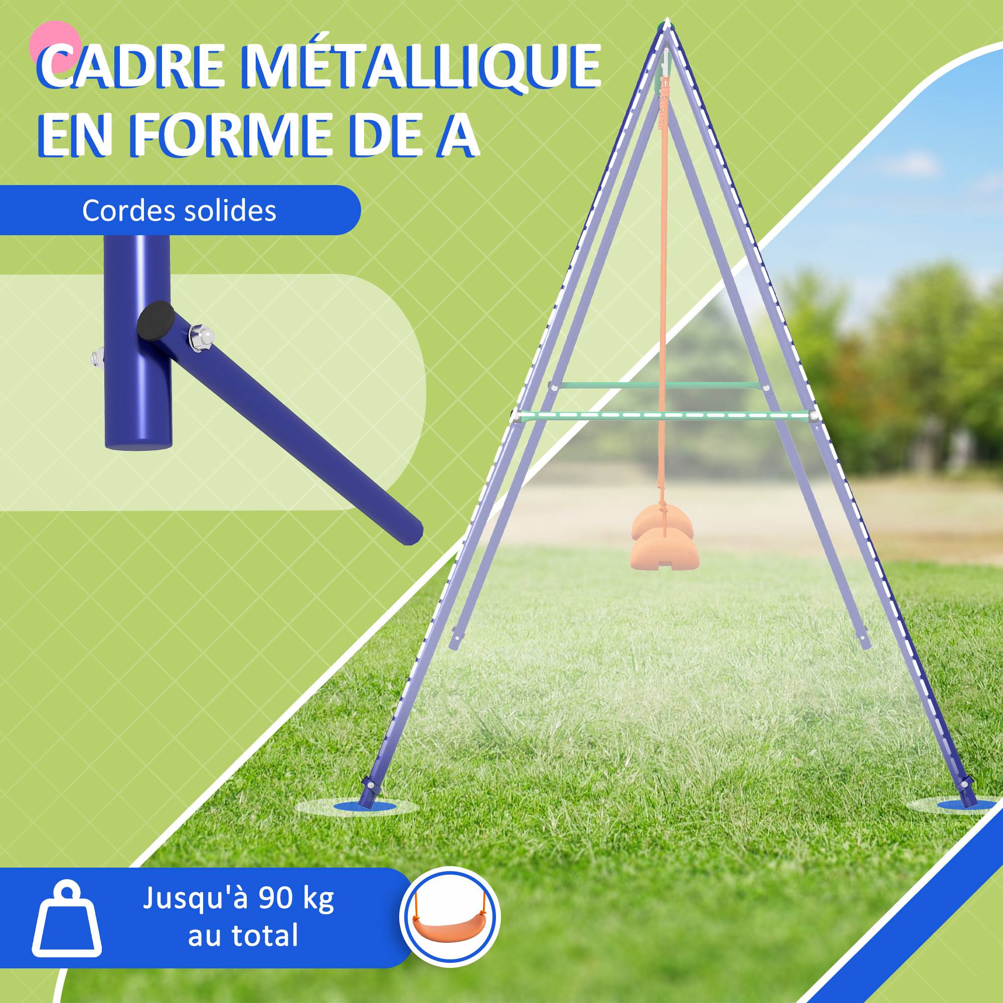 Outsunny - Balançoire 2 agrès portique avec 2 balançoires dim. 2,69L x 1,6l x 1,8H m métal époxy anticorrosion vert bleu PP orange - Outsunny - Imagen 6
