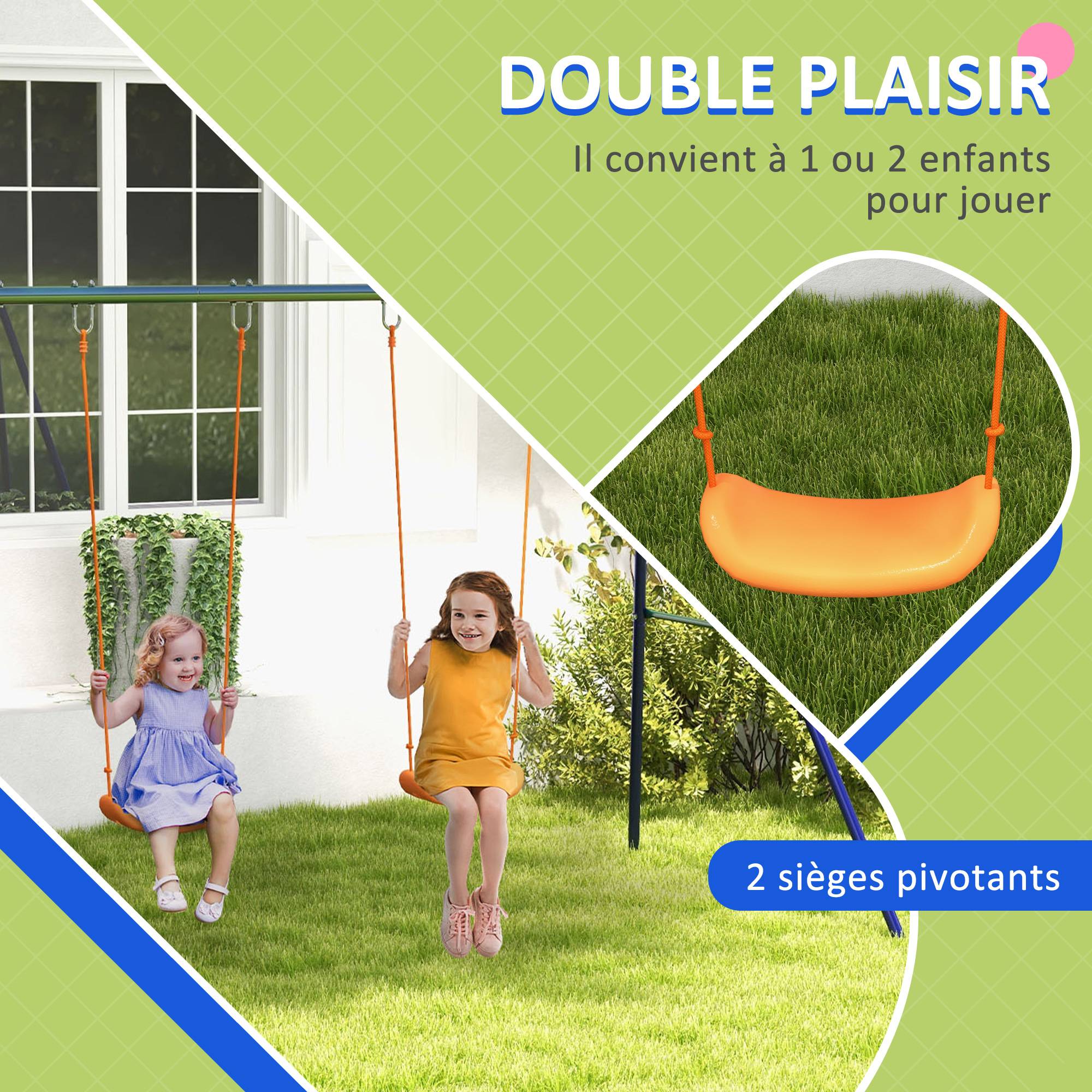 Outsunny - Balançoire 2 agrès portique avec 2 balançoires dim. 2,69L x 1,6l x 1,8H m métal époxy anticorrosion vert bleu PP orange - Outsunny - Imagen 5
