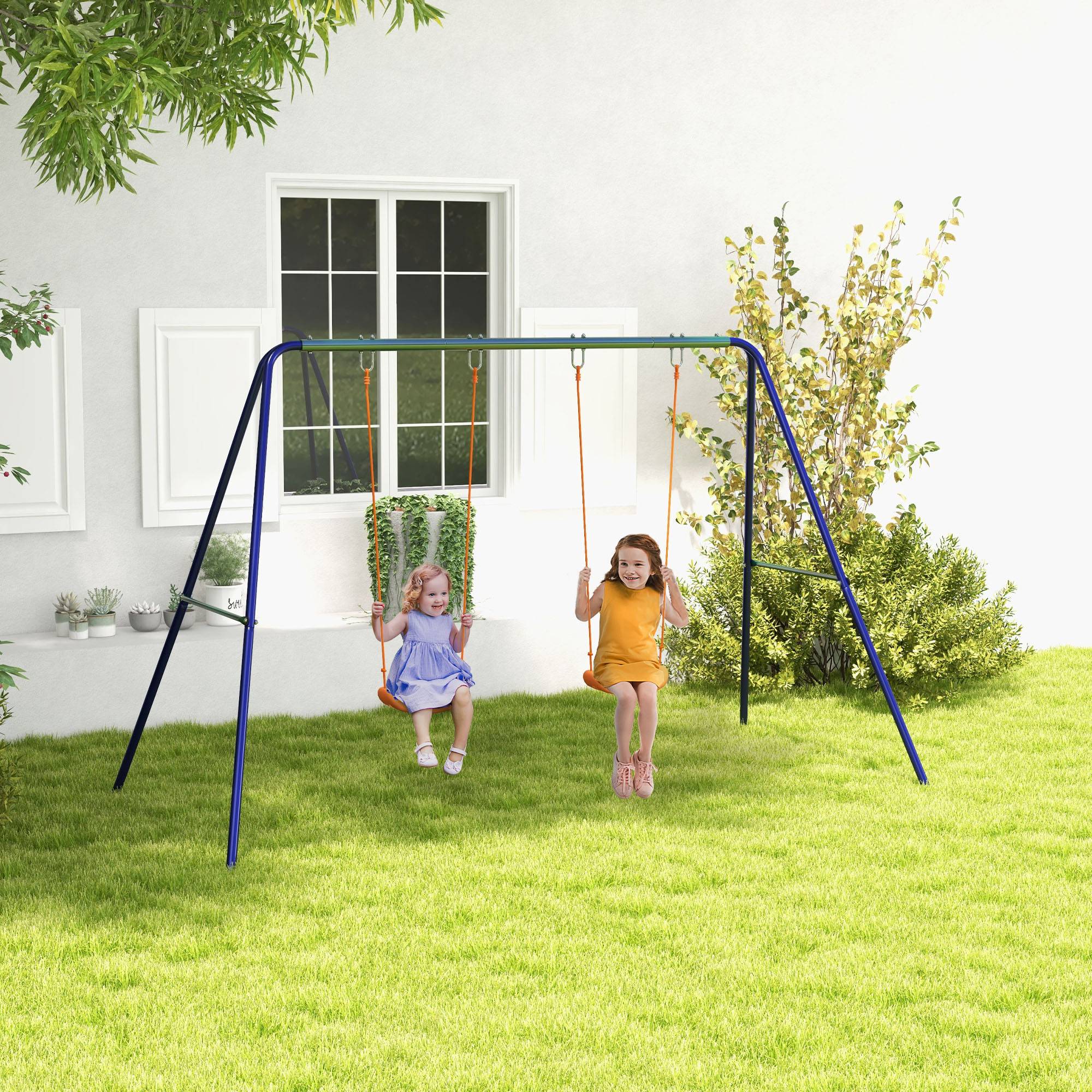 Outsunny - Balançoire 2 agrès portique avec 2 balançoires dim. 2,69L x 1,6l x 1,8H m métal époxy anticorrosion vert bleu PP orange - Outsunny - Imagen 2